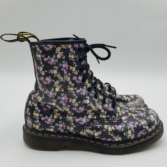 Dr. Martens Shoes - Dr. Martens Floral High Top Boots 8 Womens Docs Leather Lace Up Purple